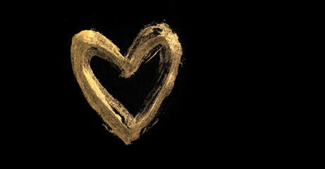 Heart metallic gold streak drawing for love holiday or Valentines day black background with copy space.