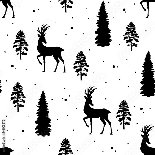 Christmas Deer in the forest, seamstress pattern black  on transparent background