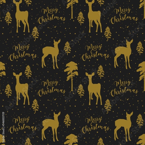 Christmas Deer in the night forest, seamstress pattern gold on black background 