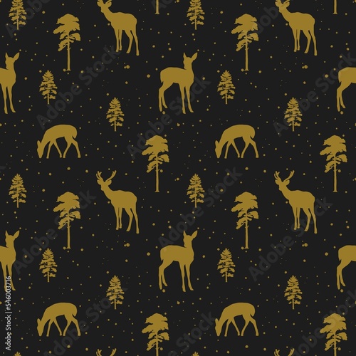 Christmas Deer in the night forest, seamstress pattern gold on black background 