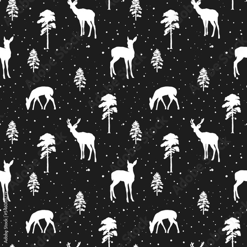 Christmas Deer in the night forest, seamstress pattern white on black background 