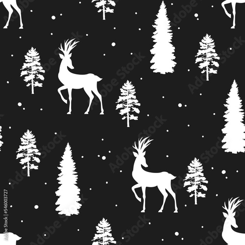 Christmas Deer in the night forest, seamstress pattern white on black background 