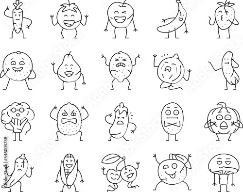 fruit character funny food icons set vector