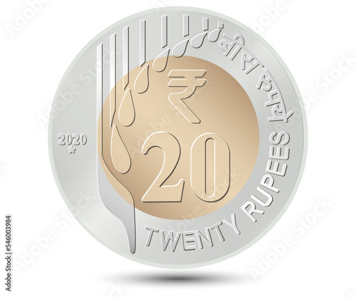 Twenty Rupees coin of India. Coin side isolated on white background. Vector.