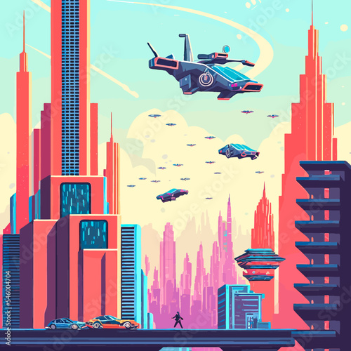 View of a futuristic cyberpunk city with flying cars