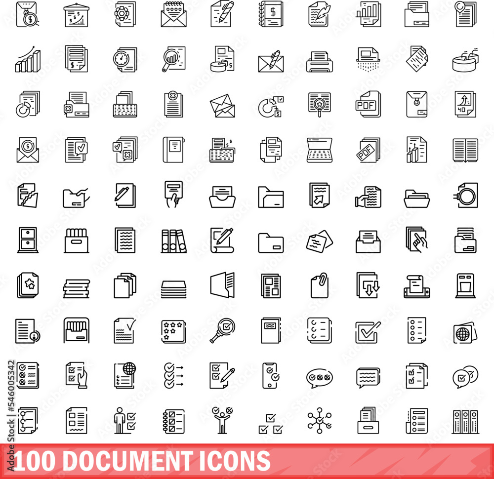 100 document icons set. Outline illustration of 100 document icons vector set isolated on white background