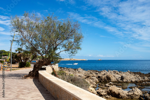 Spain Mallorca Island, view of the coastal beach of Cala Ratjada, Mediterranean Sea.