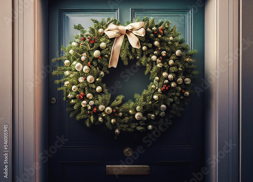 Christmas decoration hanging on the front door of a house