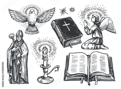 Fototapet Praying angel with wings, Holy Bible book, Lit candle, Flying dove messenger, Bishop