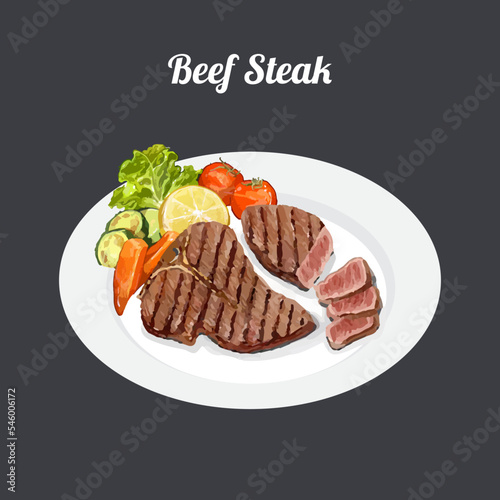Beef steak with vegetables. Hand drawn watercolor vector illustration