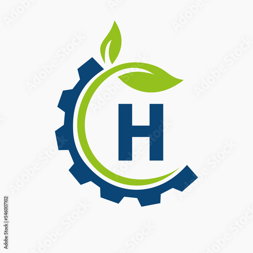Letter H Gear Leaf Logo Design Vector Template. Leaf And Gear Symbol