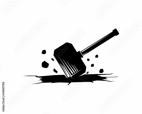 Vector logo hitting hammer. Large hammer strikes the ground. Qualitative illustration in simple lines