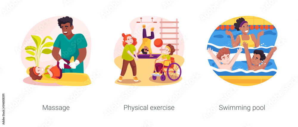 Therapy for disabled children in daycare isolated cartoon vector illustration set