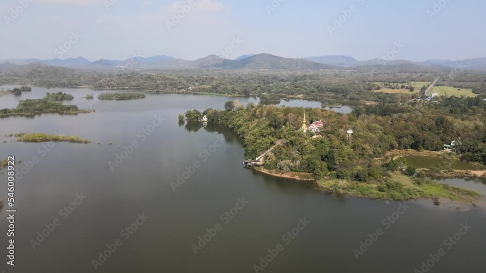 Aerial view of a Phousi Hill with a temple in Laos Aerial view of a Phousi Hill with a temple in Laos
