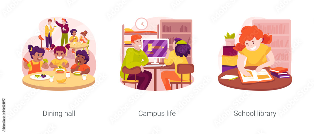 Private boarding school isolated cartoon vector illustration set