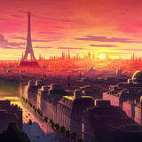 Abstract painting concept. Colorful art of the skyline of Paris. Cityscape. Digital art image.