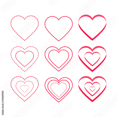 Set of red hearts on a white background.