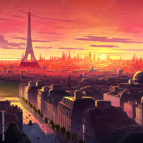 Abstract painting concept. Colorful art of the skyline of Paris. Cityscape. Digital art image.