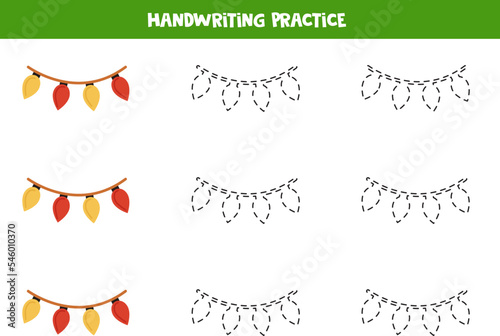 Tracing lines for kids. Cartoon Christmas lights. Writing practice.