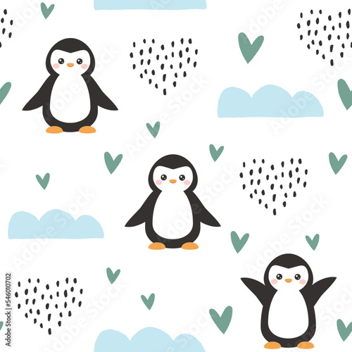 cute clean happy penguins baby bedding vector pattern design, kids neutral white background scandinavian blue clouds and dashed heart. Fabric and textile children motif print.