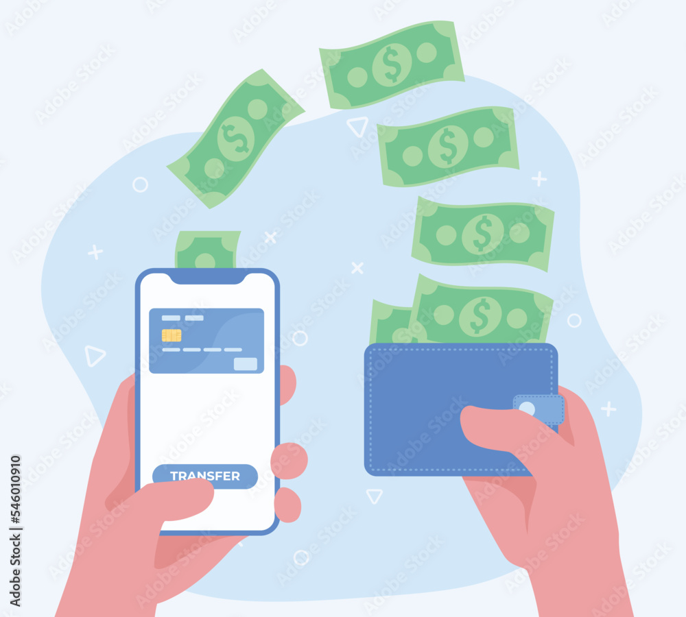 Online payment and digital bill concept. Mobile banking app and payment by credit card. Hand holding phone with money and wallet illustration. Online payment and digital bill concept. Mobile banking app and payment by credit card. Hand holding phone with money and wallet illustration.