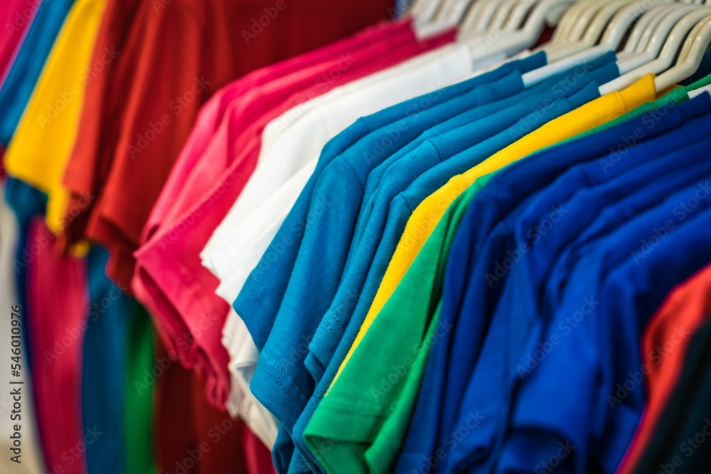 Closeup shot of colorful T-shirts on hangers in a row in a shopping center Closeup shot of colorful T-shirts on hangers in a row in a shopping center