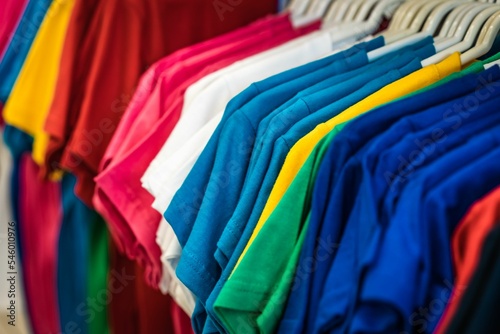 Closeup shot of colorful T-shirts on hangers in a row in a shopping center