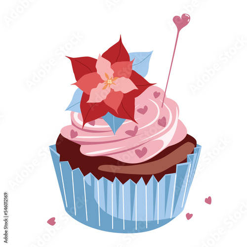 Festive cupcake with pink cream, hearts and a flower on a white background. Vector illustration isolated for a holiday, postcard and print