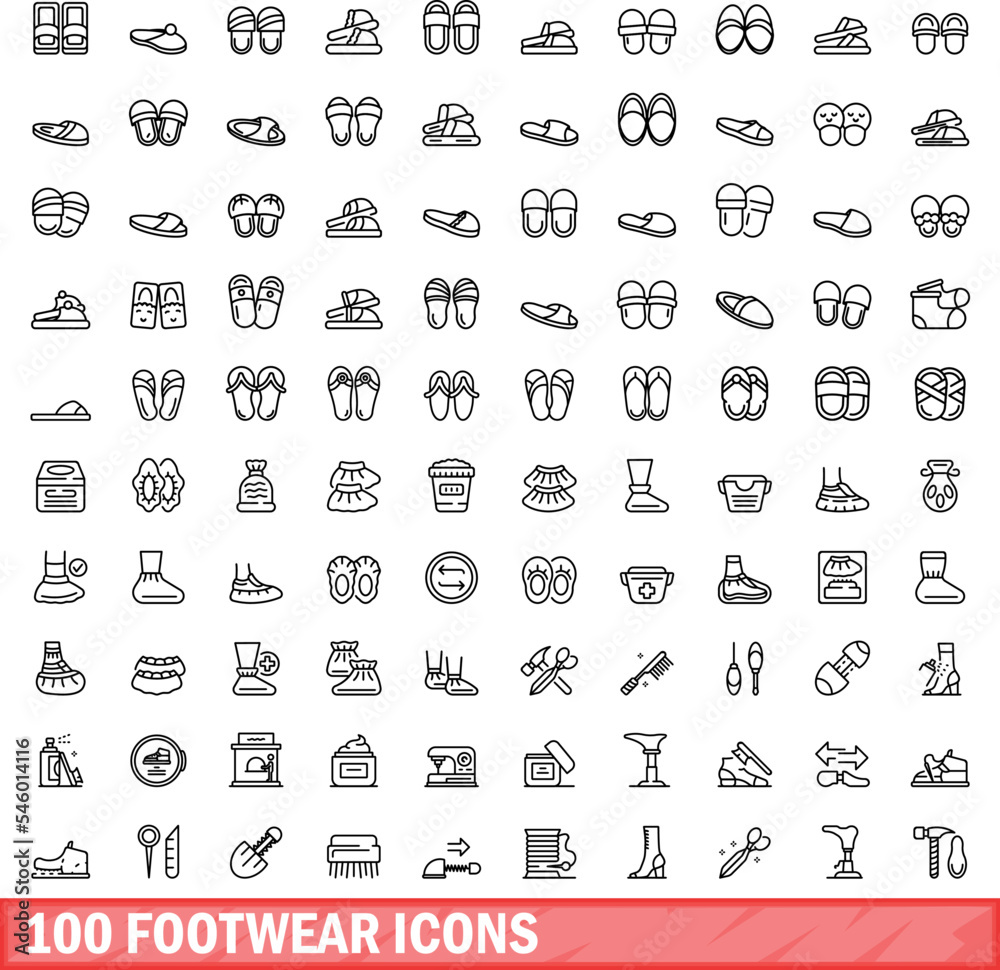 100 footwear icons set. Outline illustration of 100 footwear icons vector set isolated on white background 100 footwear icons set. Outline illustration of 100 footwear icons vector set isolated on white background