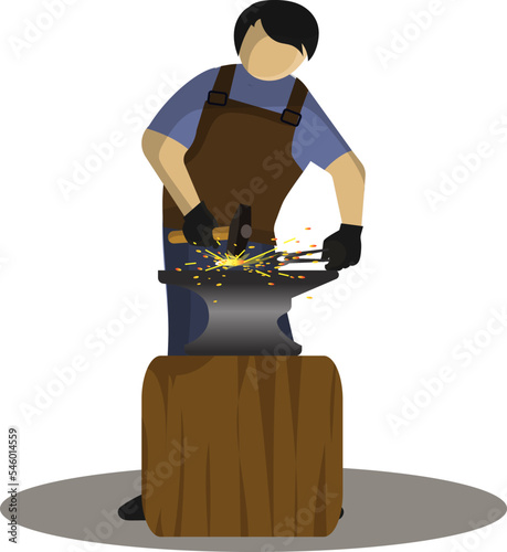 wrought iron vector illustration, worker forging iron with hammer vector illustration, hard worker with a hammer, iron workers heat hot steel, manufacture industry