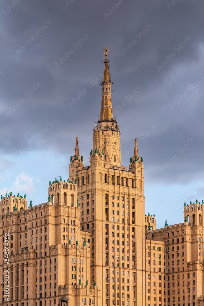 The view on the residential Stalinist high-rise building on Kudrinskaya Square. It is the one of seven Stalinist skyscrapers built in 1947-1954.