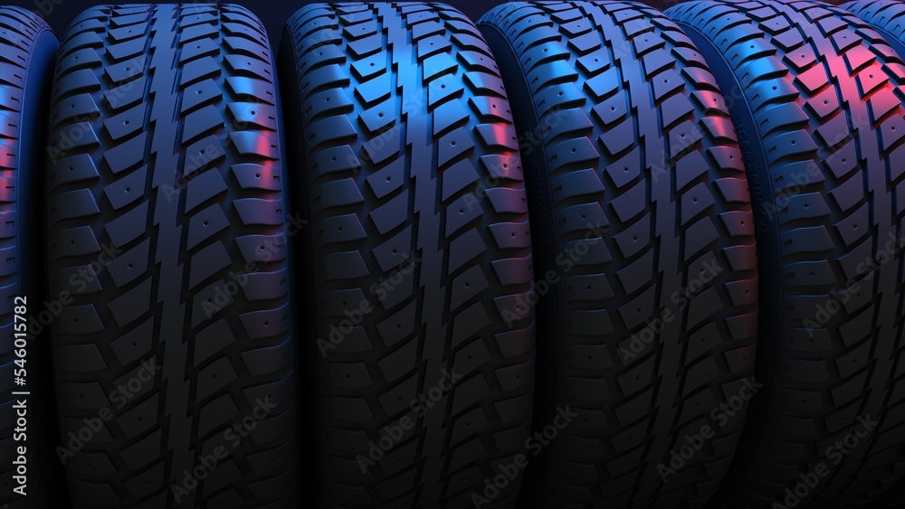 New car tire profile. Tire tread. Car wheel. Black rubber automotive