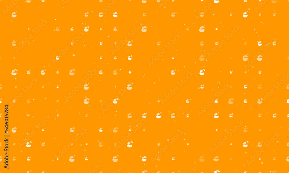 Seamless background pattern of evenly spaced white noodle symbols of different sizes and opacity. Vector illustration on orange background with stars Seamless background pattern of evenly spaced white noodle symbols of different sizes and opacity. Vector illustration on orange background with stars