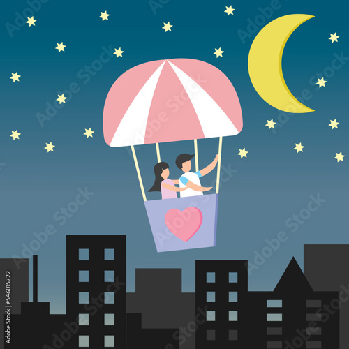 Balloon at night with crescent moon star love heart concept valentine's day banner decoration.illustration paper art style love concept valentine's day sale festival.