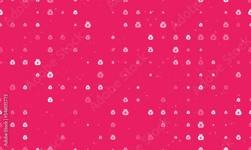 Seamless background pattern of evenly spaced white instant coffee symbols of different sizes and opacity. Vector illustration on pink background with stars