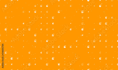 Seamless background pattern of evenly spaced white noodle symbols of different sizes and opacity. Vector illustration on orange background with stars