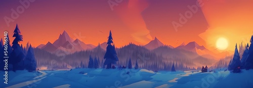 AI-Generated Image of a Winter Mountain Sunset Landscape Banner © Andredi