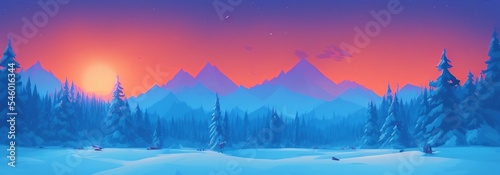 AI-Generated Image of a Winter Mountain Sunset Landscape Banner