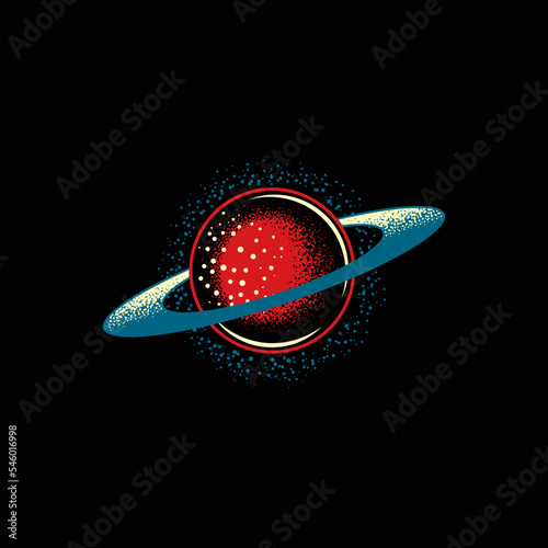 Original vector illustration in neon style. A planet in space. A design element. T-shirt or sticker design.