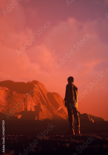 Lone teenage boy in jeans sneakers stands in a misty rocky landscape under a cloudy sky during sunset. Rear view. 3D render.