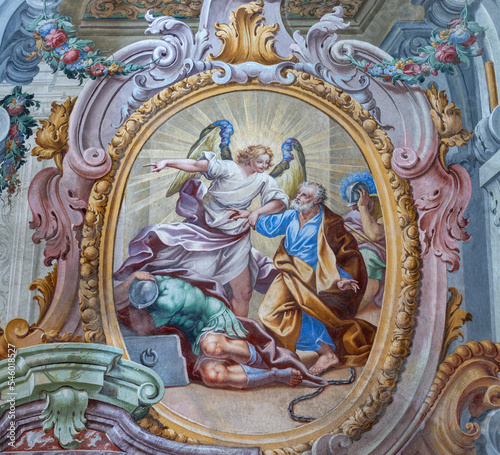VARALLO, ITALY - JULY 17, 2022: The fresco of Liberation Of Saint Peter from Prison in the church Basilica del Sacro Monte by Francesco Leva (1714).