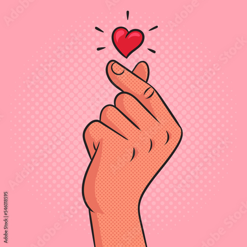 Finger heart love hand gesture pinup pop art retro vector illustration. Comic book style imitation.