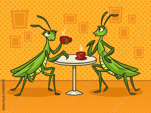 two cartoon mantis girls gossiping in cafe pinup pop art retro vector illustration. Comic book style imitation.