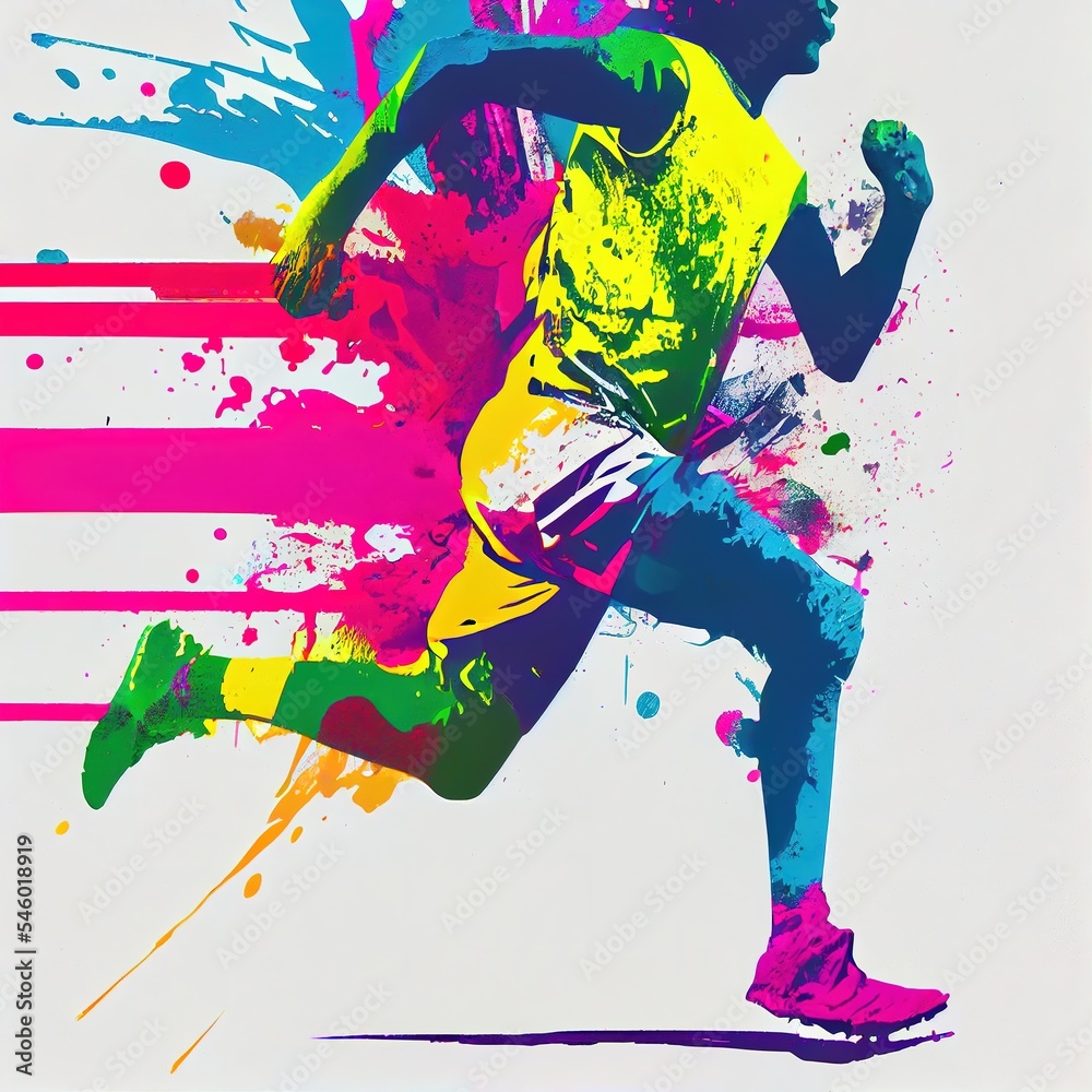 Obraz premium Colourful painted portrait of a runner, bold brush strokes, grunge image technique. Ai generated illustration