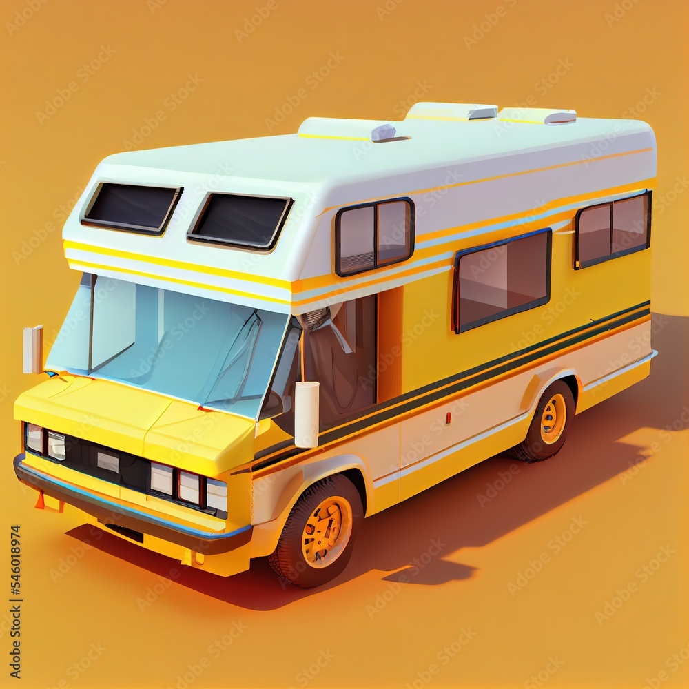 Cartoon rv bus isolated on yellow background. Isometric illustration in ...