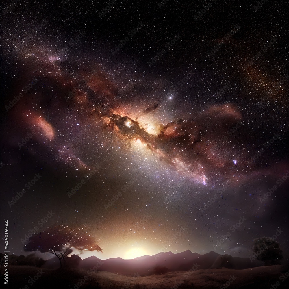 Stunning night sky over the lonely tree and mountain range silhouettes . Photorealistic illustration generated by Ai