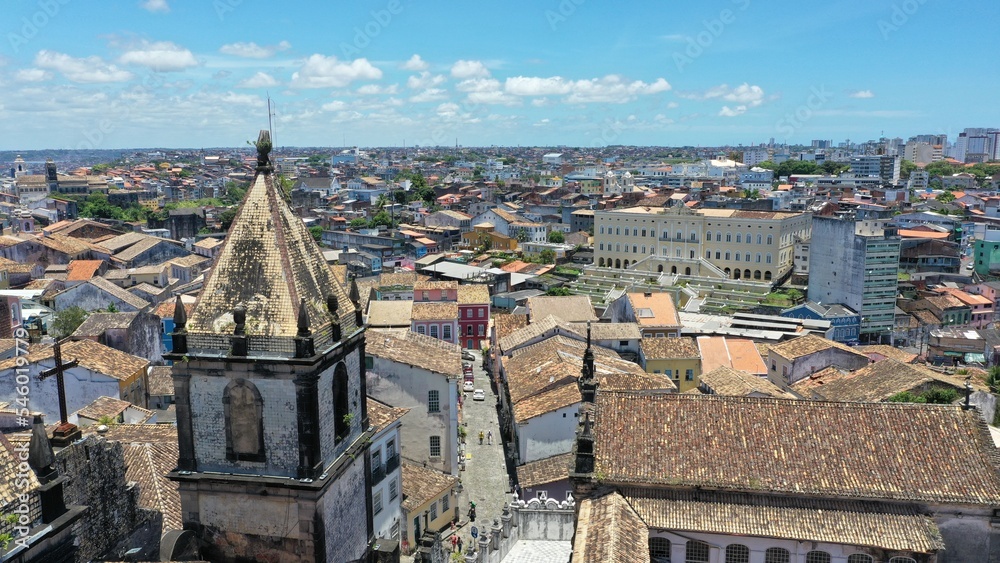 Wonderful panoramic view of Pelourinho neighborhood with colorful houses, colonial churches and old streets in the heart of Salvador, Bahia, Brazil 