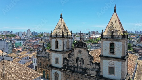 Wonderful panoramic view of Pelourinho neighborhood with colorful houses  colonial churches and old streets in the heart of Salvador  Bahia  Brazil 