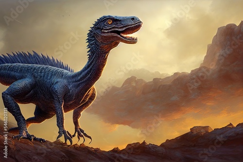 Photorealistic illustration of abstract Dinosaur predator. Ai generated illustration is not based on any real image, person or character 