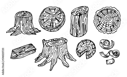 Hand drawn lumber. Sketch wood logs, trunk and planks. Stacked tree branches, forestry construction material vintage set
